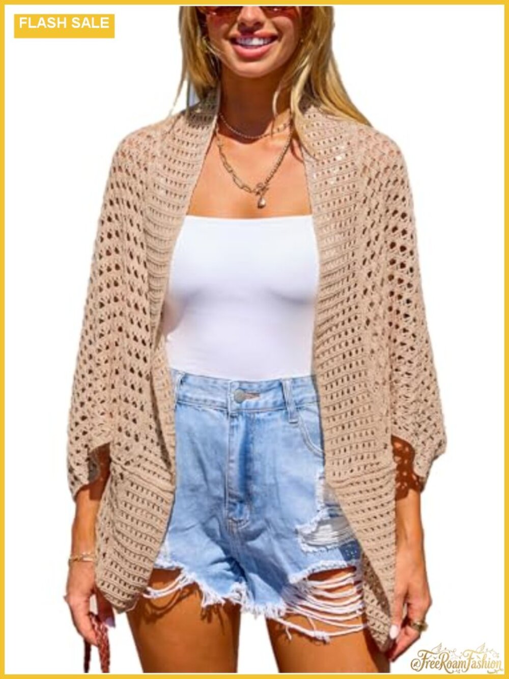 Boho Crochet Open Front Kimono Cover Up Beach Cardigan